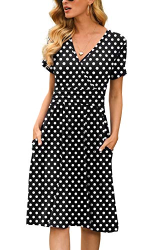 LILBETTER Women's Modest Polka Dots Swing Casual Dress with Pocket Dot Black Large
