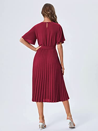 Milumia Women's Elegant Belted Pleated Flounce Sleeve Long Dress Burgundy Medium