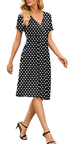 LILBETTER Women's Modest Polka Dots Swing Casual Dress with Pocket Dot Black Large