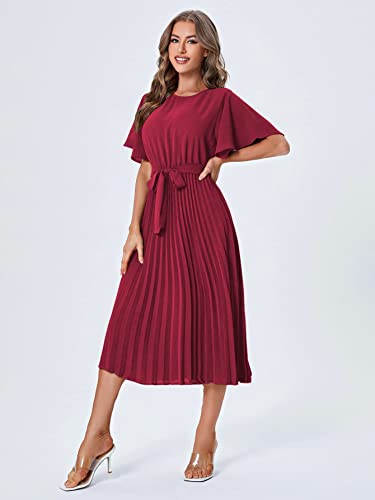 Milumia Women's Elegant Belted Pleated Flounce Sleeve Long Dress Burgundy Medium
