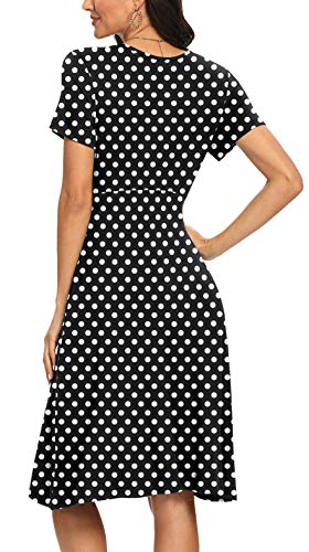 LILBETTER Women's Modest Polka Dots Swing Casual Dress with Pocket Dot Black Large