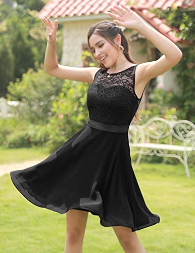 BeryLove Prom Formal Dresses for Women 2023 Wedding Guest Short Bridesmaid Dress Sleeveless Flowy Homecoming Dresses for Teens Elegant Floral Lace A Line Cocktail Party Girls Dresses 05 Black M