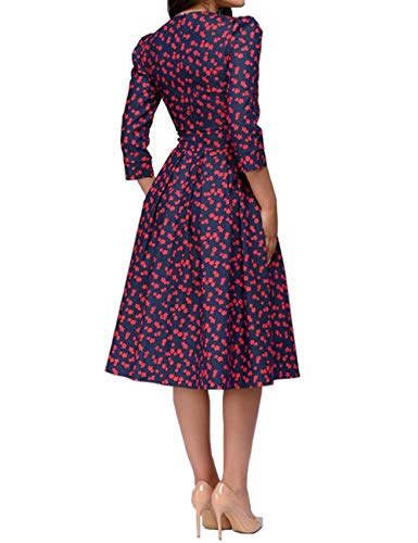 Simple Flavor Women's Floral Vintage Dress Elegant Midi Evening Dress 3/4 Sleeves (Red, L)