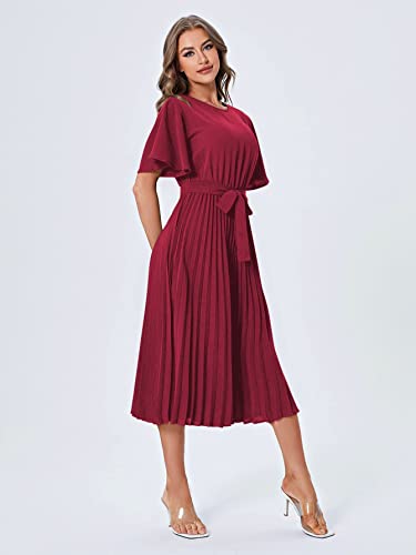 Milumia Women's Elegant Belted Pleated Flounce Sleeve Long Dress Burgundy Medium