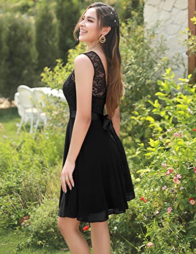 BeryLove Prom Formal Dresses for Women 2023 Wedding Guest Short Bridesmaid Dress Sleeveless Flowy Homecoming Dresses for Teens Elegant Floral Lace A Line Cocktail Party Girls Dresses 05 Black M