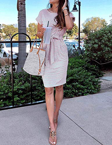 MEROKEETY Women's Summer Striped Short Sleeve T Shirt Dress Casual Tie Waist Midi Dress, Dustypink, S