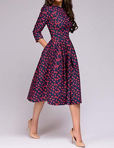 Simple Flavor Women's Floral Vintage Dress Elegant Midi Evening Dress 3/4 Sleeves (Red, L)