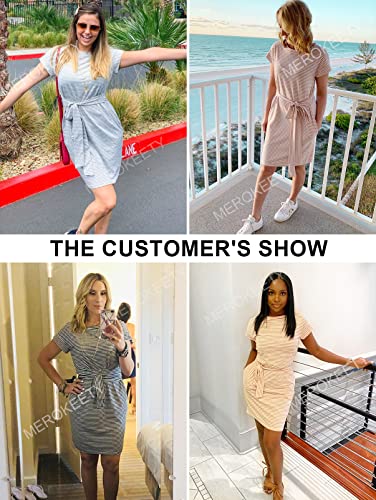 MEROKEETY Women's Summer Striped Short Sleeve T Shirt Dress Casual Tie Waist Midi Dress, Dustypink, S