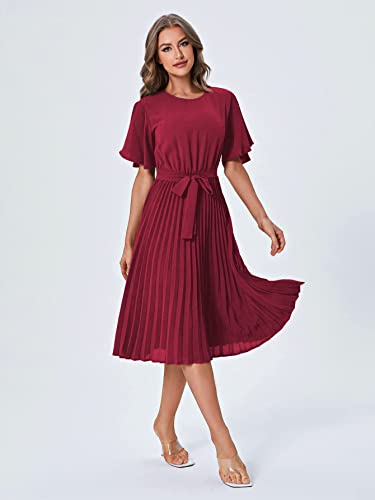 Milumia Women's Elegant Belted Pleated Flounce Sleeve Long Dress Burgundy Medium