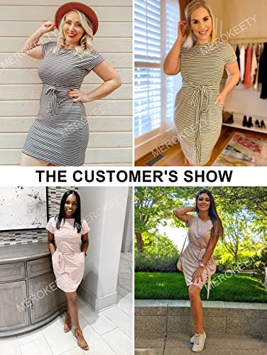 MEROKEETY Women's Summer Striped Short Sleeve T Shirt Dress Casual Tie Waist Midi Dress, Dustypink, S