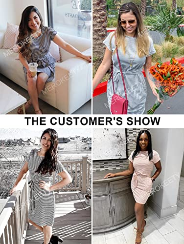 MEROKEETY Women's Summer Striped Short Sleeve T Shirt Dress Casual Tie Waist Midi Dress, Dustypink, S