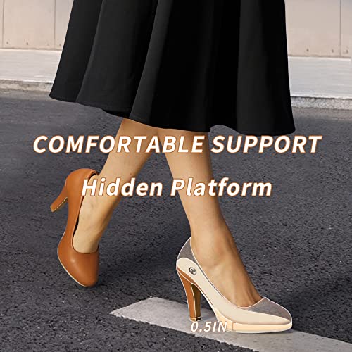 Trary Women's Heels for Women, Black Heels White Heels Brown Heels Nude Heels, Low Platform Heels, IN3.2 High Heel Closed Round Toe Pumps Dress Office Wedding Shoes for Women