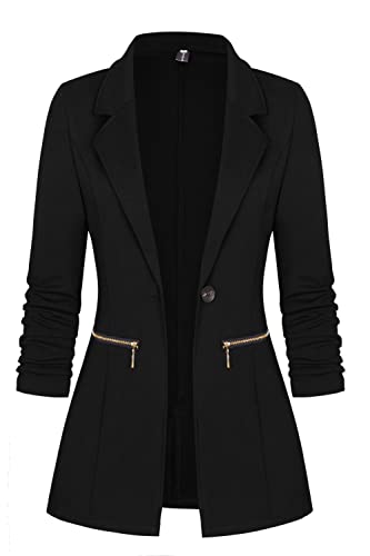 Genhoo Womens 3/4 Sleeve Blazer Open Front Cardigan Jacket Work Office Blazer Coat Black XL