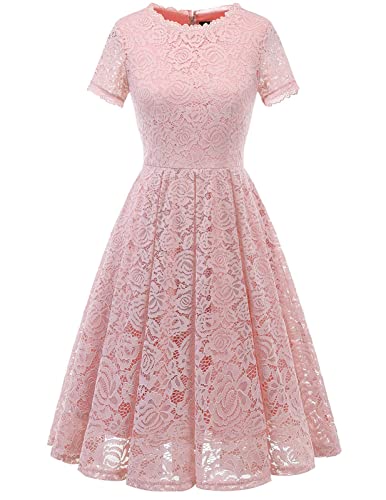 DRESSTELLS Lace Bridesmaid Dress, Tea Length Mother of The Bride Dresses, Vintage Formal Dresses for Women, Elegant Wedding Guest Dress, Aline Evening Dresses for Women Blush S