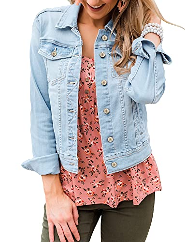 LookbookStore Fall Outfits for Women Light Blue Stretchy Denim Jacket for Women Classic Trucker Jackets Long Sleeves Button Down Jean Jackets for Women Lightweight Size M Women Jean Jackets Size 8 10