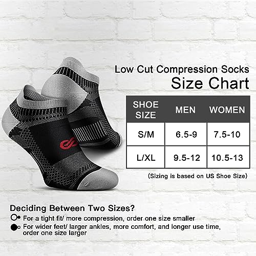 Low Cut Compression Socks for Men and Women(6 Pairs), No Show Ankle Running Socks Nano Socks with Arch Support for Plantar Fasciitis, Cyling, Athletic, Flight, Travel, Nurses. Black L/XL