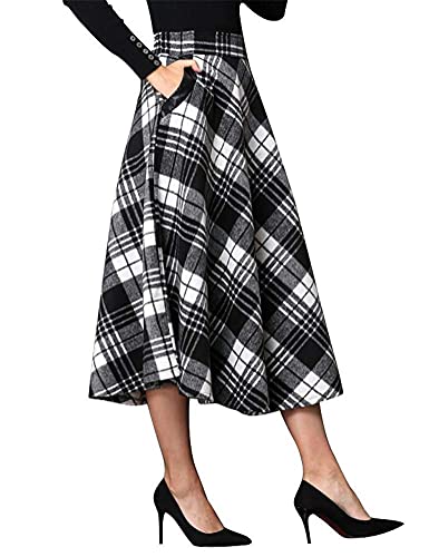 IDEALSANXUN Womens High Elastic Waist Maxi Skirt A-line Plaid Winter Warm Flare Long Skirt (Medium, Mid-Calf Black&White)