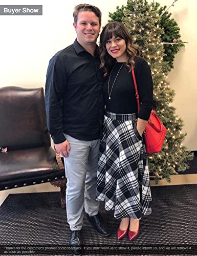 IDEALSANXUN Womens High Elastic Waist Maxi Skirt A-line Plaid Winter Warm Flare Long Skirt (Medium, Mid-Calf Black&White)