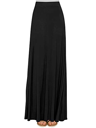 Lock and Love LL WB1434 Womens Solid Maxi Skirt with Elastic Waist Band L Black