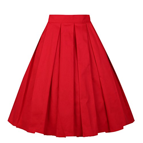 Girstunm Women's Pleated Vintage Skirt Floral Print A-line Midi Skirts with Pockets Red M
