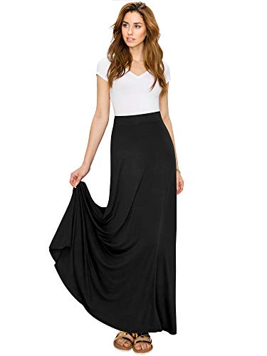 Lock and Love LL WB1434 Womens Solid Maxi Skirt with Elastic Waist Band L Black