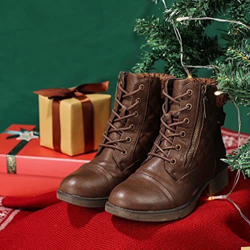 STQ Women's Combat Boots Ankle Boots Fashion Non-Slip Brown 6.5