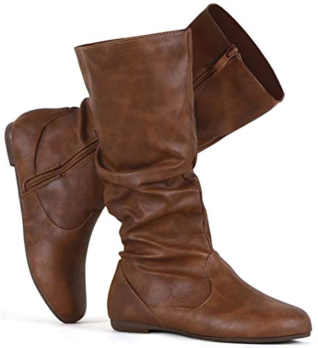 katliu Women's Slouchy Mid Calf Boots Zip up Flat Boots Brown