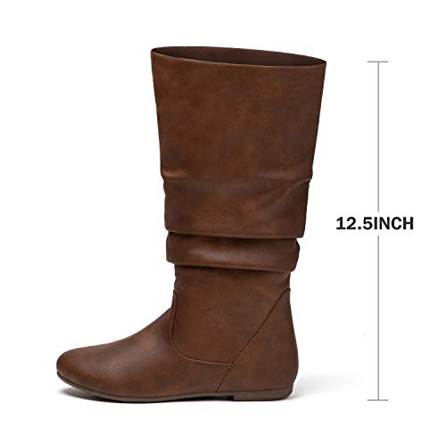 katliu Women's Slouchy Mid Calf Boots Zip up Flat Boots Brown