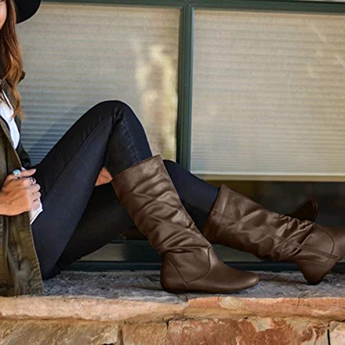 katliu Women's Slouchy Mid Calf Boots Zip up Flat Boots Brown
