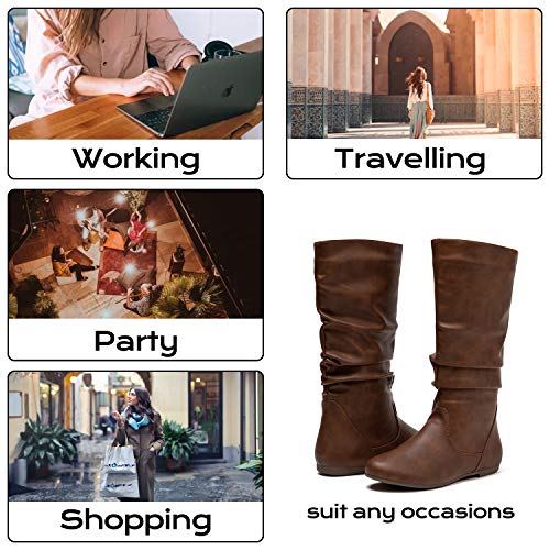 katliu Women's Slouchy Mid Calf Boots Zip up Flat Boots Brown