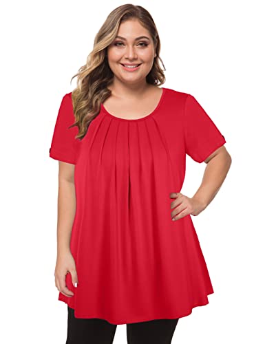 MANER Women's Plus Size Tops Short Sleeve Flowy Shirts Casual Blouses Tunic Tops L-4XL(Red, XXX-Large)