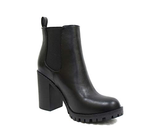Soda Glove - Ankle Boot w/Lug Sole Elastic Gore and Chunky Heel (7.5, Black (PU))