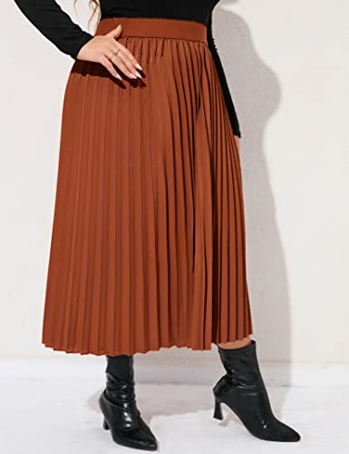KOJOOIN Plus Size Women's Pleated Skirt Elastic Waist Scarf Print Midi Skirt (Caramel, 2XL)