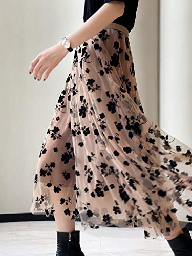 Women Tutu Tulle Skirt Elastic High Waist Layered Skirt Floral Print Mesh A-Line Midi Skirt (Khaki, One Size)