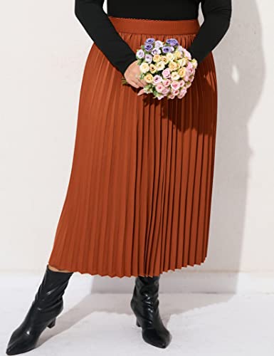 KOJOOIN Plus Size Women's Pleated Skirt Elastic Waist Scarf Print Midi Skirt (Caramel, 2XL)