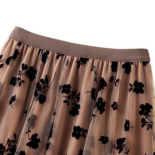 Women Tutu Tulle Skirt Elastic High Waist Layered Skirt Floral Print Mesh A-Line Midi Skirt (Khaki, One Size)
