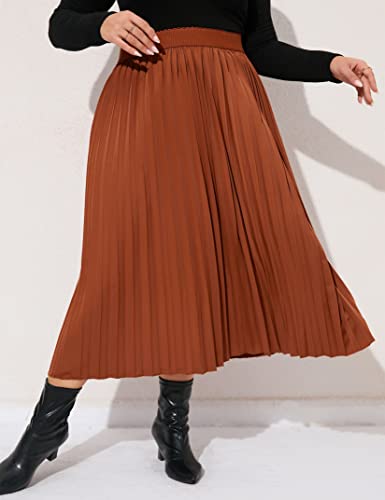 KOJOOIN Plus Size Women's Pleated Skirt Elastic Waist Scarf Print Midi Skirt (Caramel, 2XL)