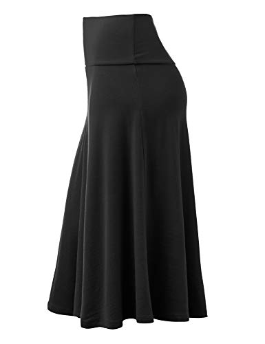 Lock and Love LL WB1105 Womens Lightweight Fold Over Flared Midi Skirt L Black
