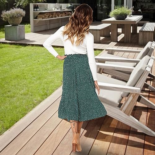 Exlura Womens High Waist Polka Dot Pleated Skirt Midi Swing Skirt with Pockets Green Medium