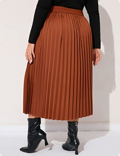 KOJOOIN Plus Size Women's Pleated Skirt Elastic Waist Scarf Print Midi Skirt (Caramel, 2XL)