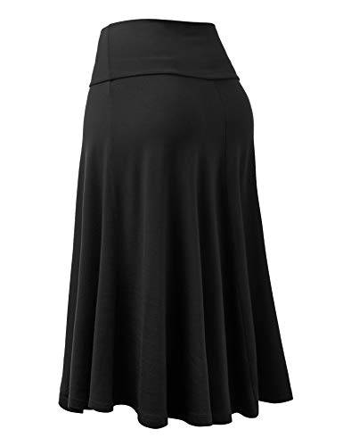 Lock and Love LL WB1105 Womens Lightweight Fold Over Flared Midi Skirt L Black