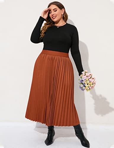 KOJOOIN Plus Size Women's Pleated Skirt Elastic Waist Scarf Print Midi Skirt (Caramel, 2XL)