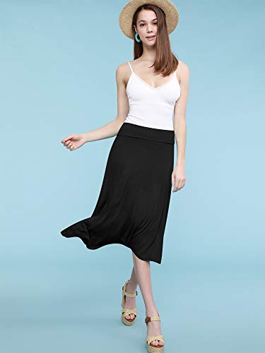 Lock and Love LL WB1105 Womens Lightweight Fold Over Flared Midi Skirt L Black
