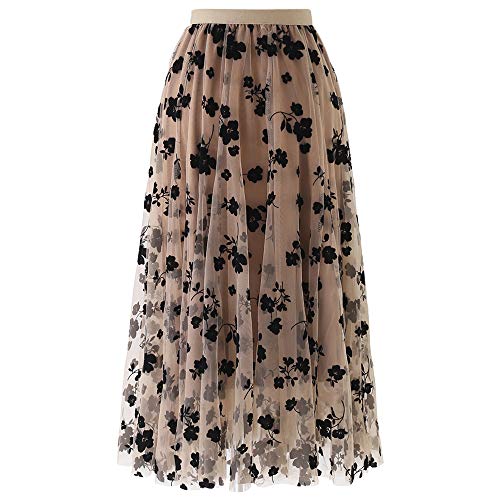 CHICWISH Women's Caramel 3D Posy Double-Layered Mesh Midi Skirt, Size L-XL