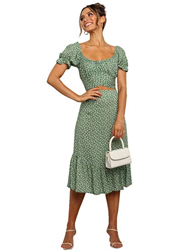 LYANER Women's 2 Piece Outfits Floral Self Tie Knot Crop Top and Midi Skirt Set Green Medium
