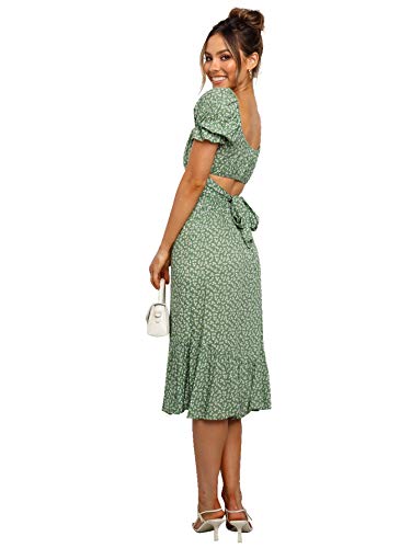 LYANER Women's 2 Piece Outfits Floral Self Tie Knot Crop Top and Midi Skirt Set Green Medium