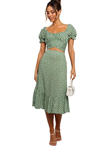 LYANER Women's 2 Piece Outfits Floral Self Tie Knot Crop Top and Midi Skirt Set Green Medium