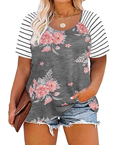 Women Plus Size Top for Women Flower Tunic Short Sleeve Raglan Floral Print Shirt Casusal Tops Floral Blouses Grey 18W 20W