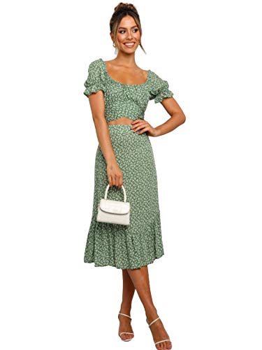 LYANER Women's 2 Piece Outfits Floral Self Tie Knot Crop Top and Midi Skirt Set Green Medium