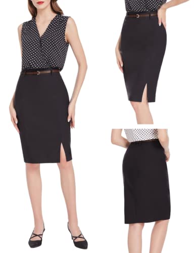 Kate Kasin Women Pencil Skirt Knee Length with Belt Professional Work Office Wear Skirt Bodycon Skirts Black L